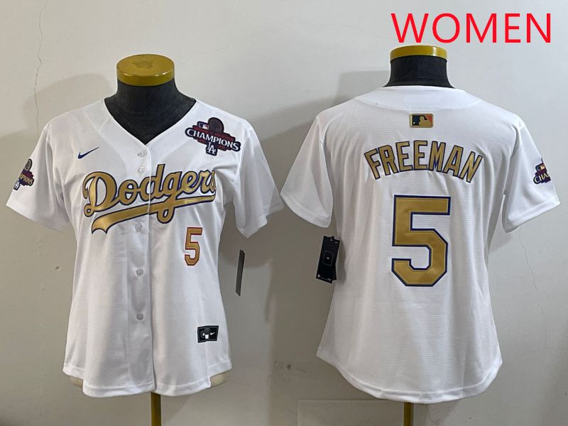 Women Los Angeles Dodgers #5 Freeman White Champion gold character 2025 Nike MLB Jersey style 4->youth mlb jersey->Youth Jersey